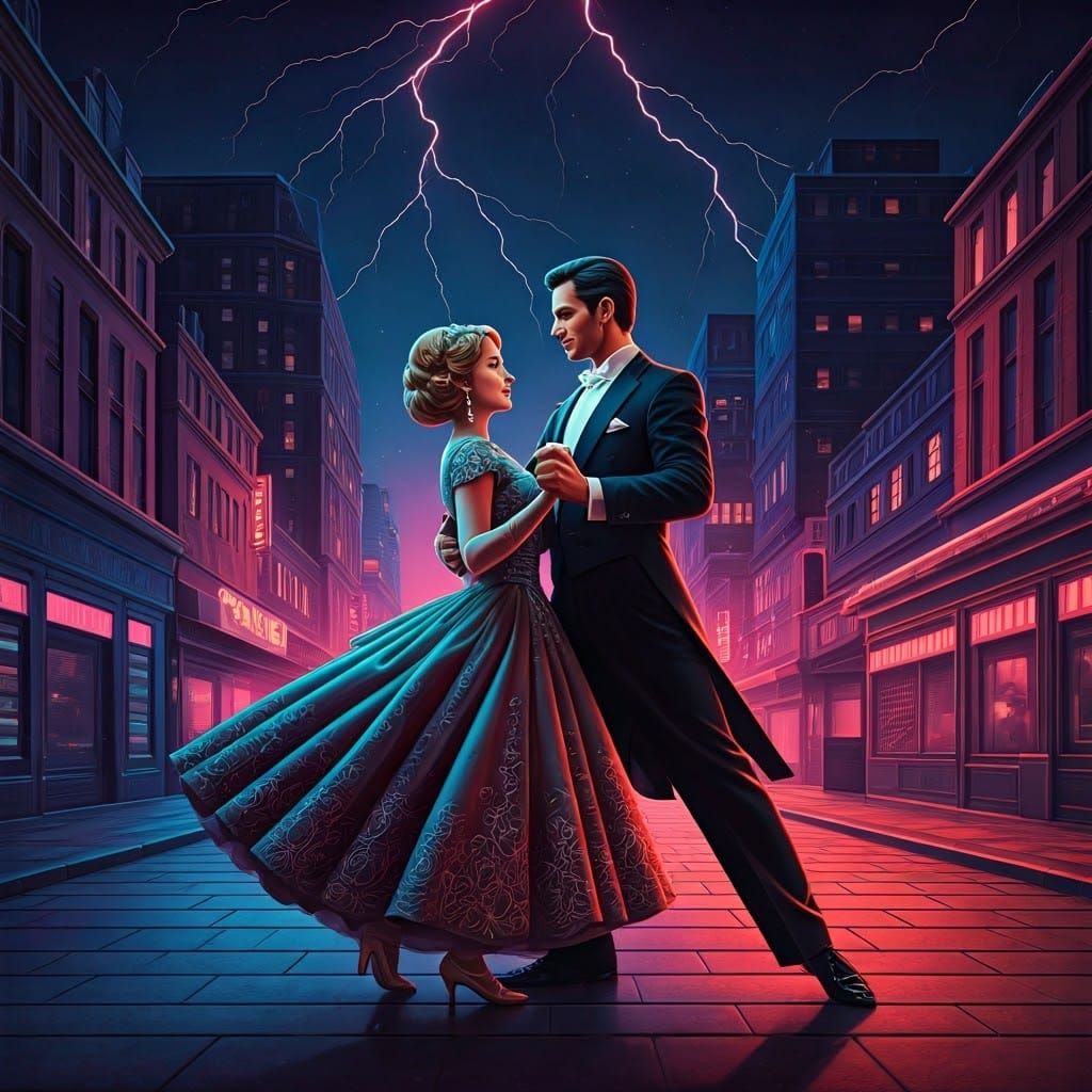 Dazzling 1960s Dance Couple Under Neon City Lights