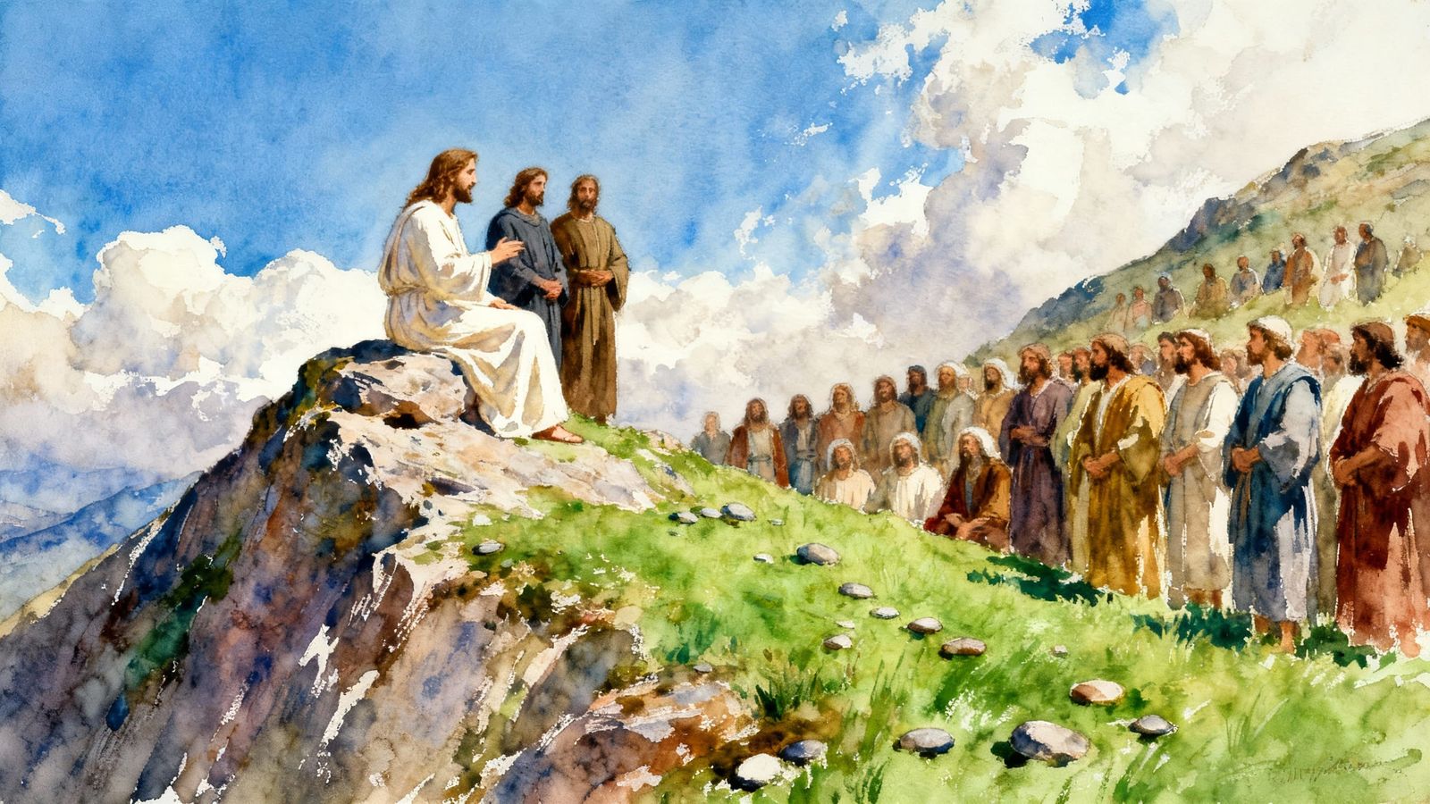 Jesus Preaching to Disciples on Mountain in Vivid Watercolou...