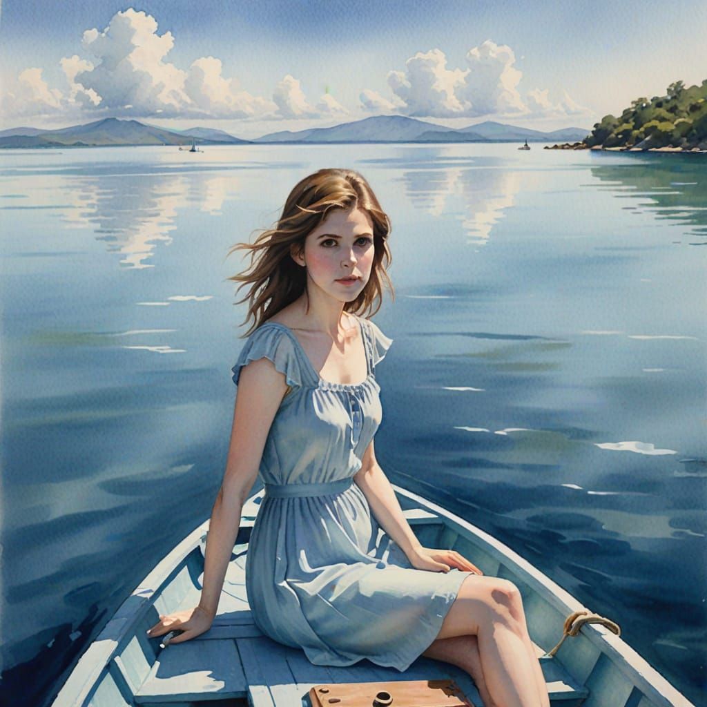 Watercolor Masterpiece of Anna Kendrick in a Serene Caribbea...