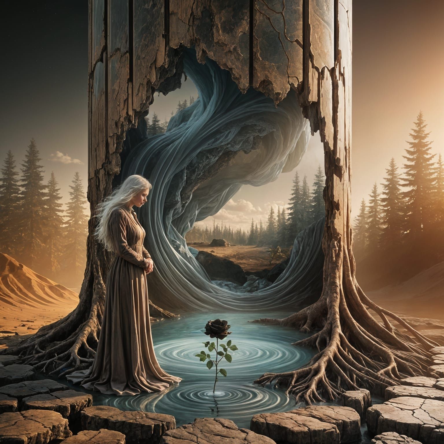 Elderly Woman and Black Rose by Fossil Structure