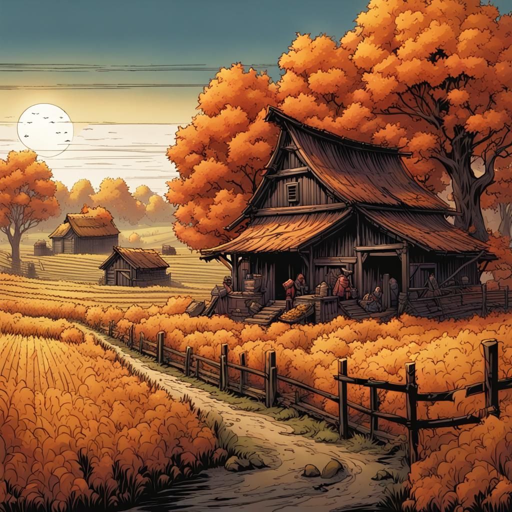Medieval Asian Farm During Fall Harvest Comic Book Art