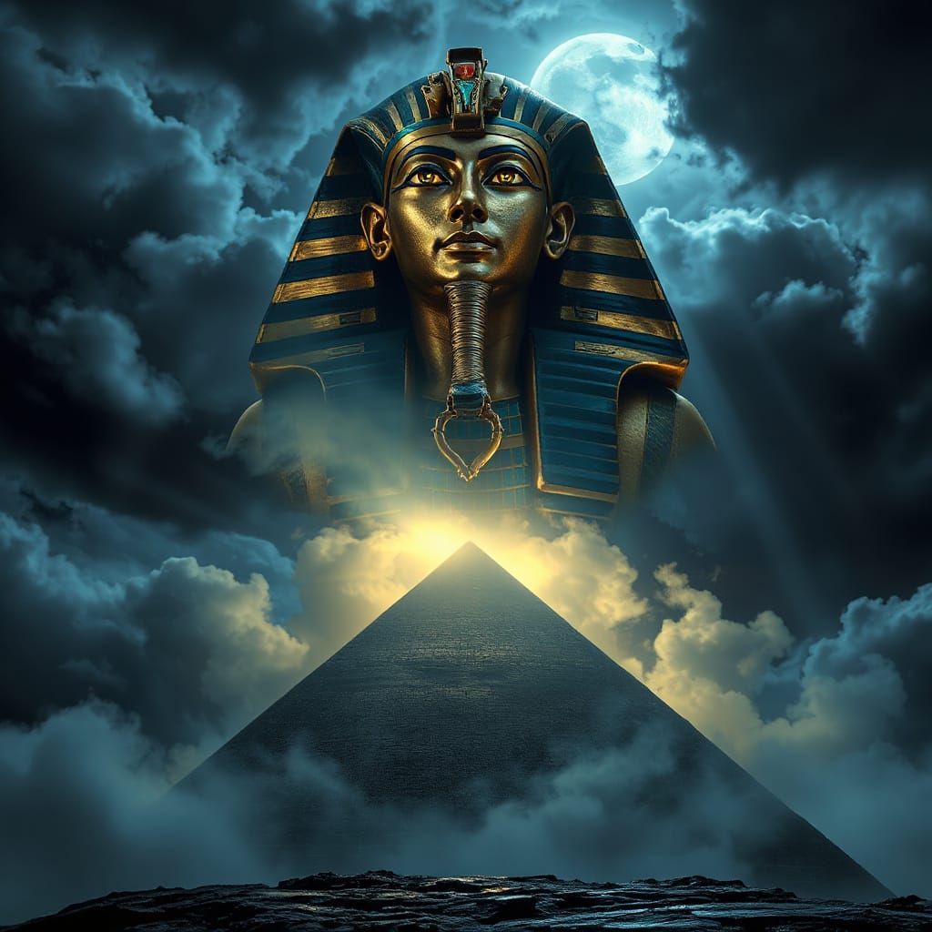 Pharaoh Tutankhamun Looms Over Pyramid in Dark Digital Paint...
