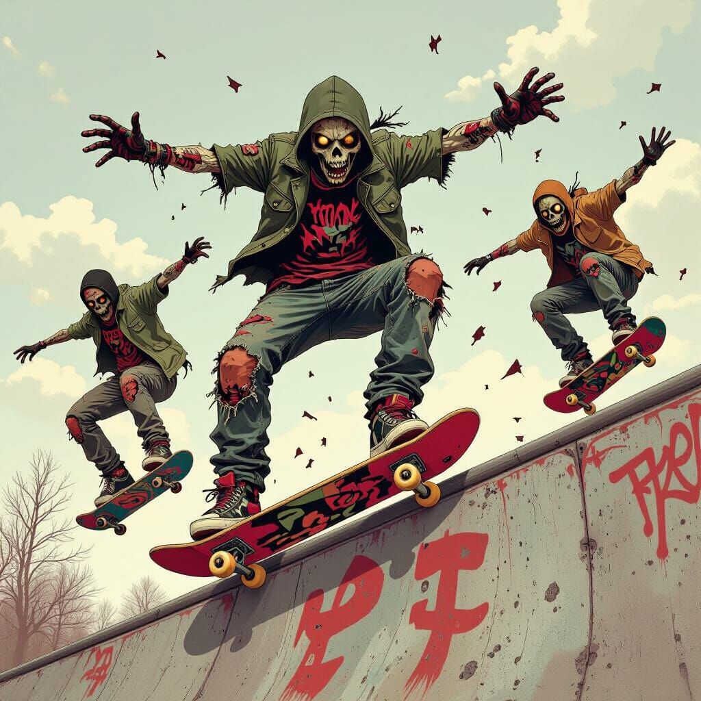 Zombie Skaters Perform Hand Plants, Gritty Art Style