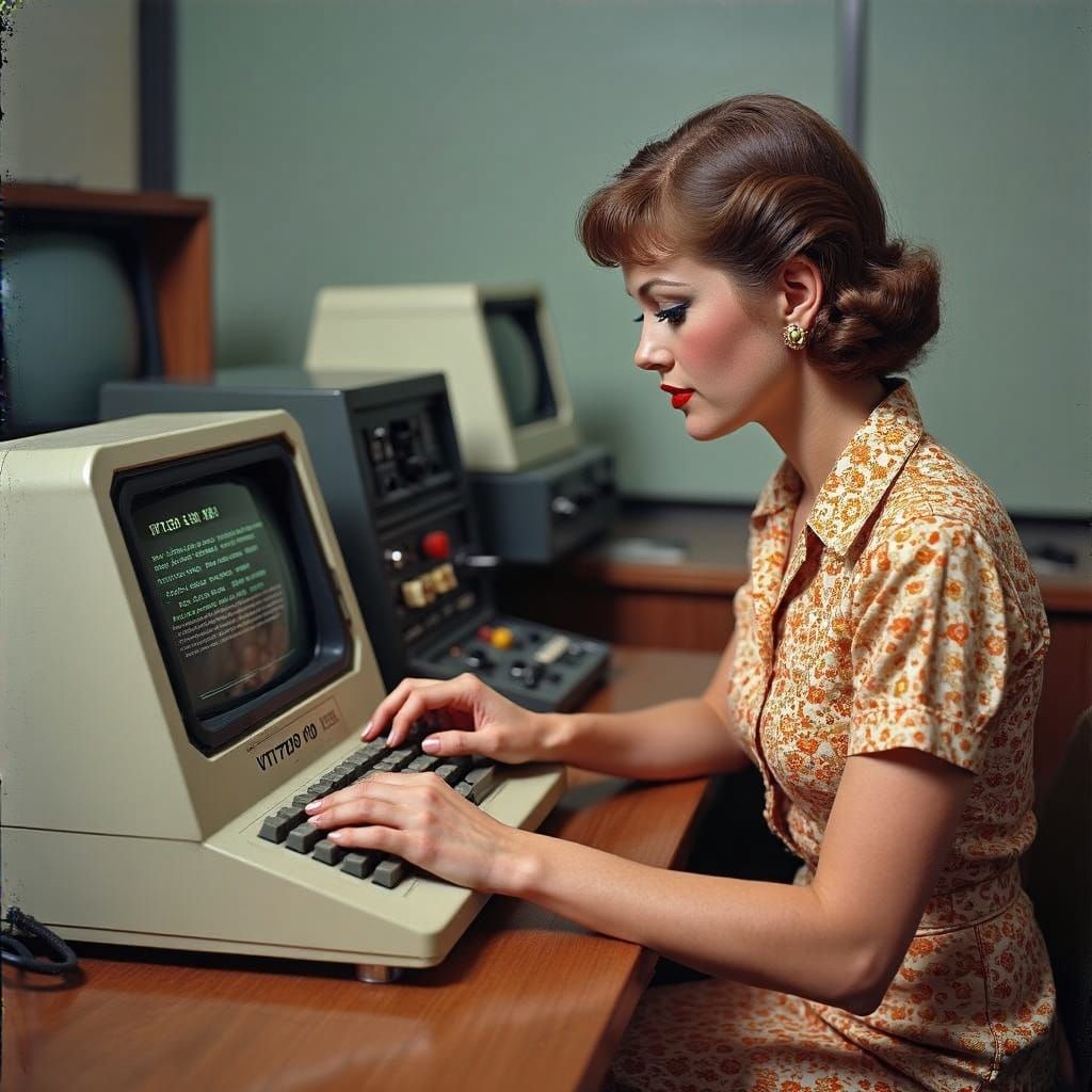 Vintage Woman Coding on Retro Minicomputer