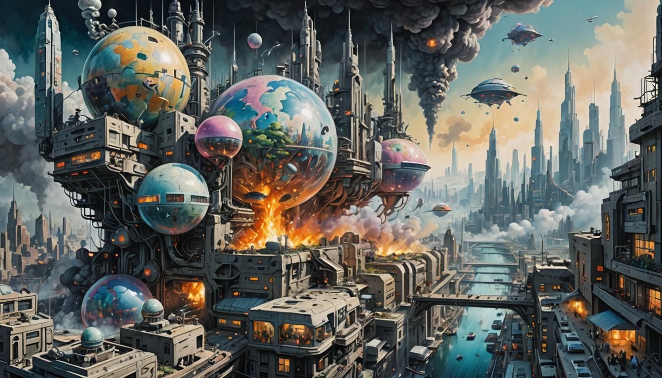 Hallucinatory Sci-Fi City in Mixed Media Style