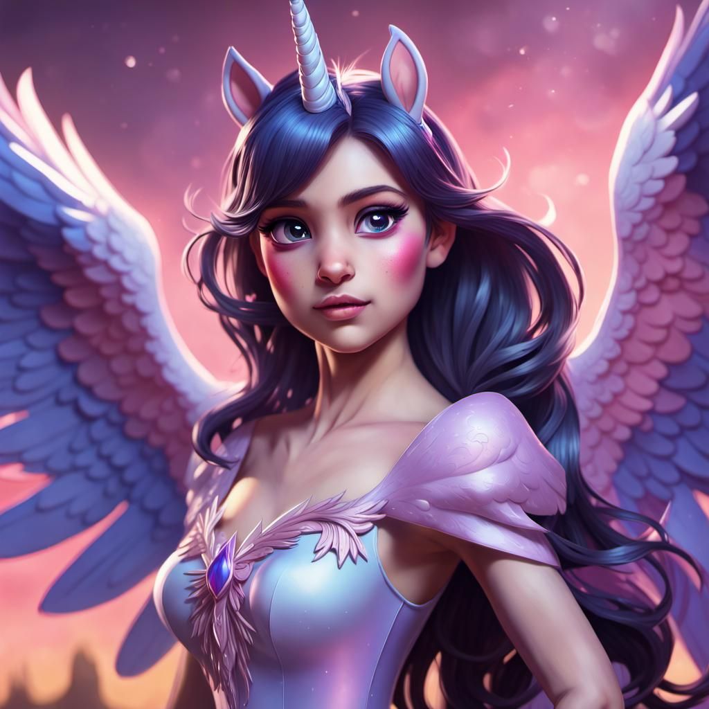 Winged Unicorn Princess Portrait in Hyperdetailed Style