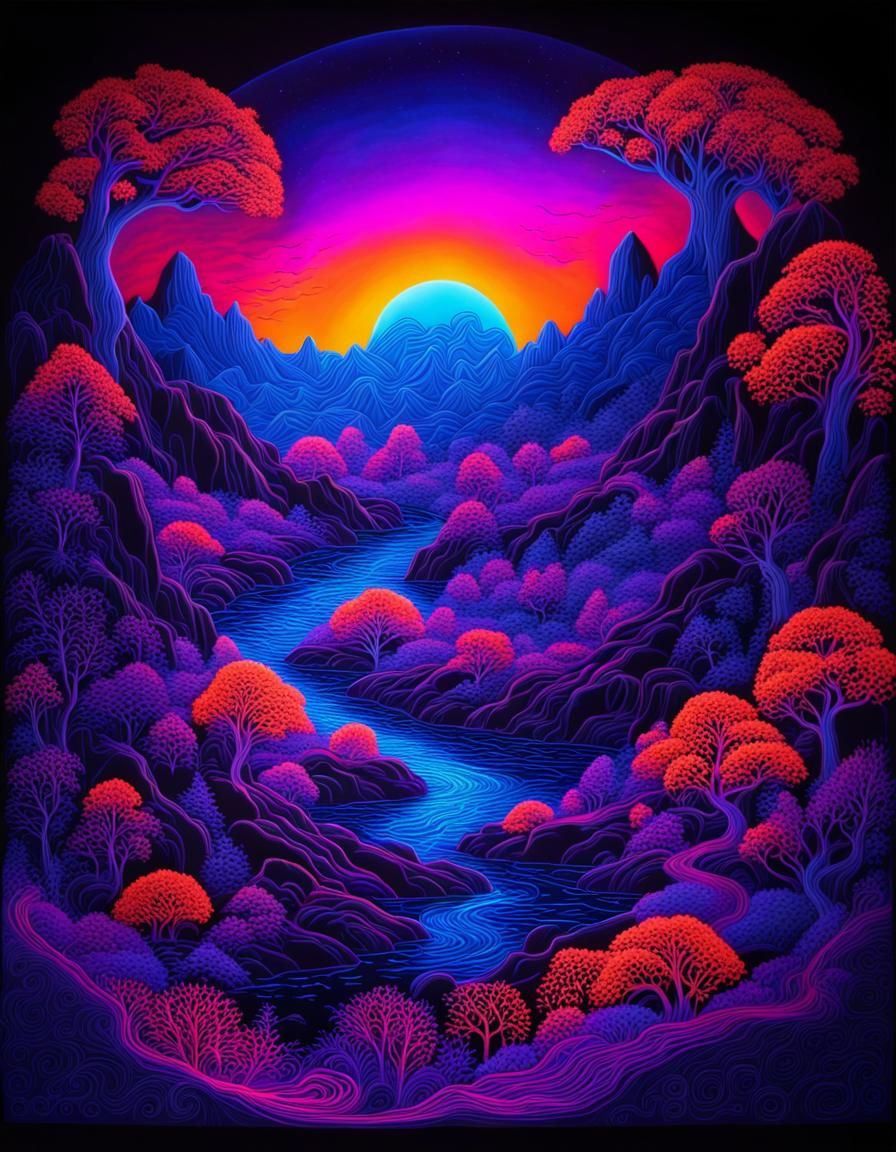 The black light painting of otherworldly landscape, black light art, intricate, filigree, stunning, UV art