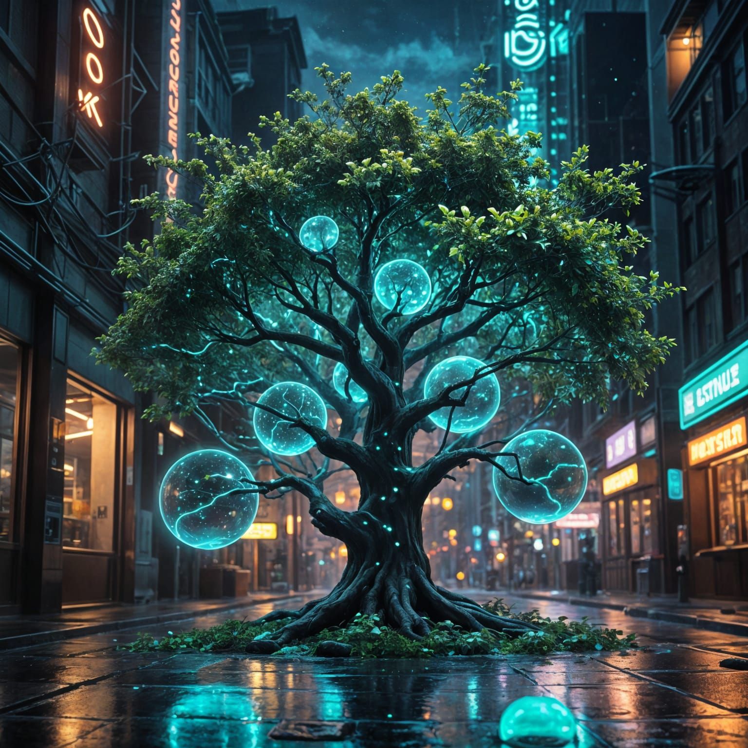 Surreal Futuristic Tree Blooms Luminous Orbs in Neon Citysca...