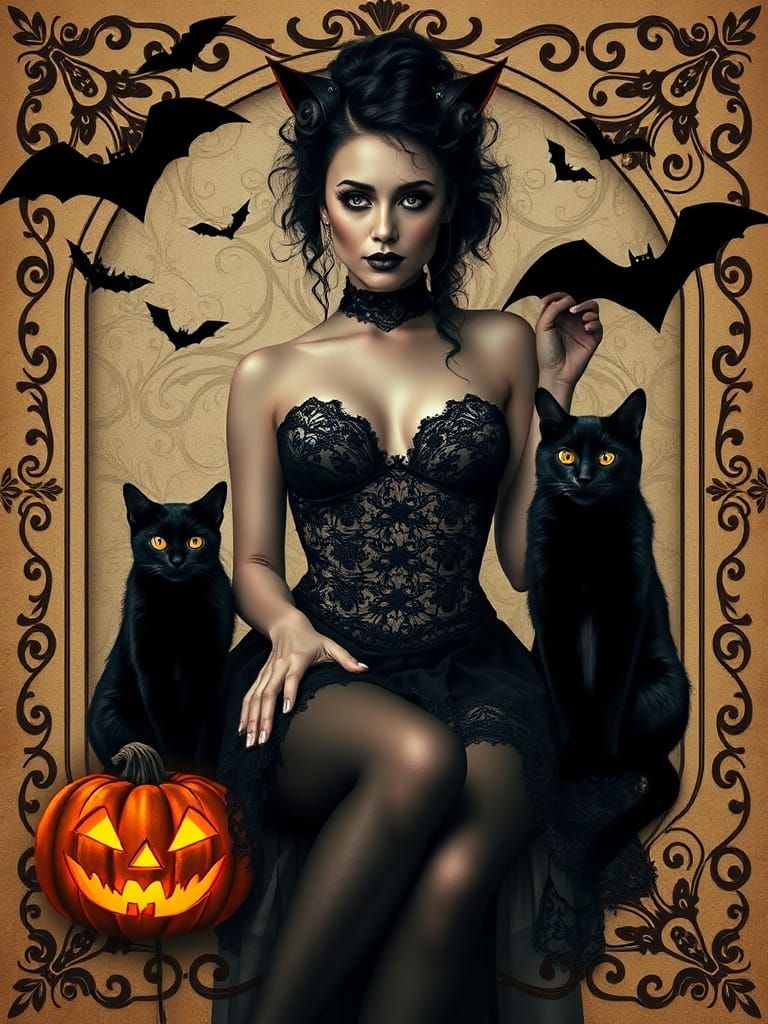 Mysterious Woman in Lace with Jack-o'-Lanterns in Gothic Fra...