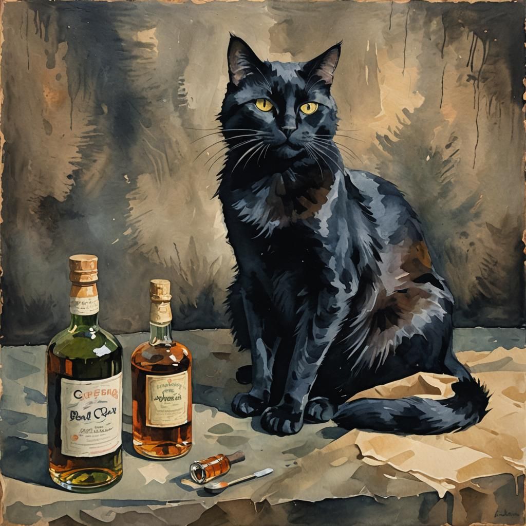 Black Cat with Whisky Bottle in Gouache Style