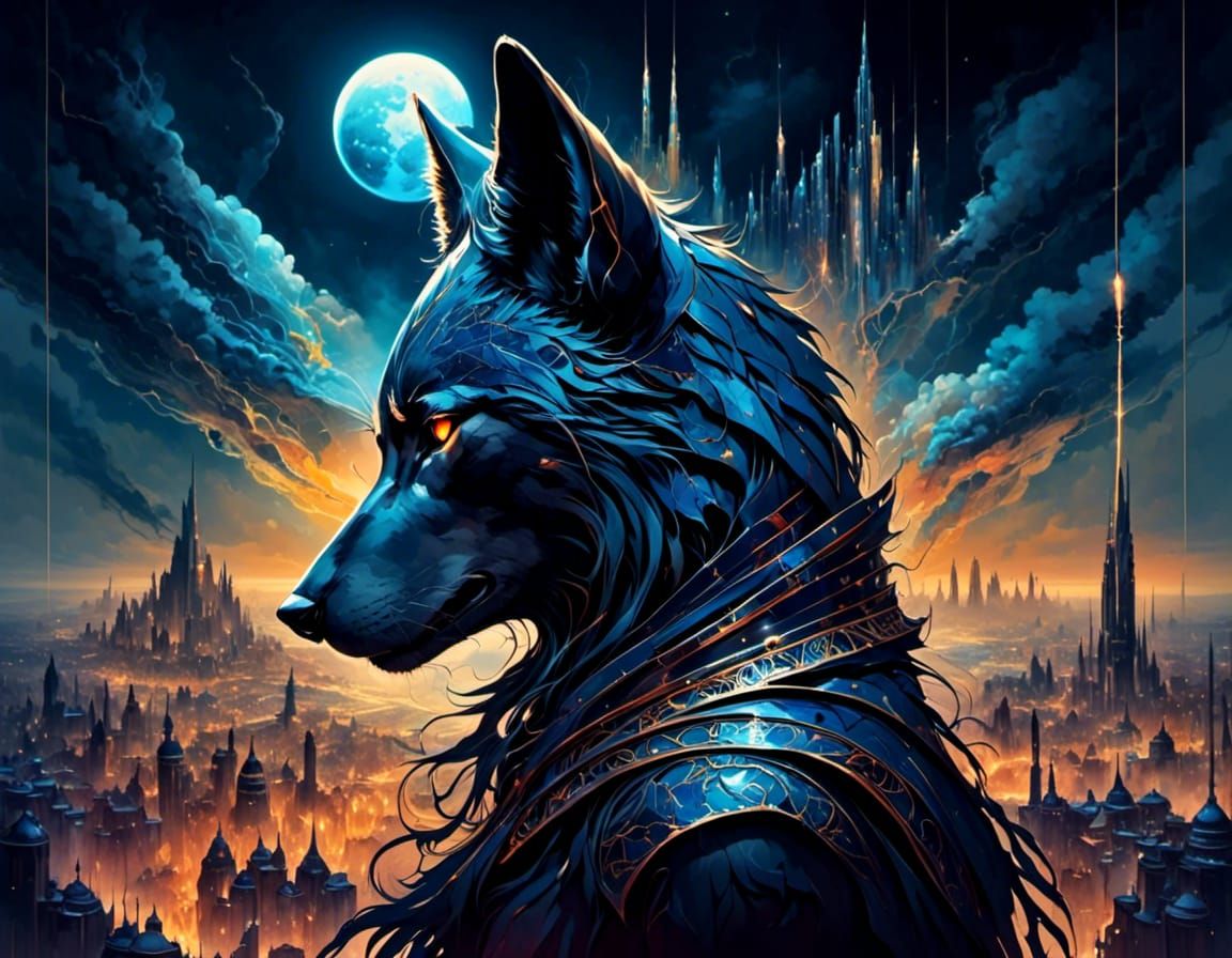 Obsidian Wolf in Metropolis, Digital Concept Art