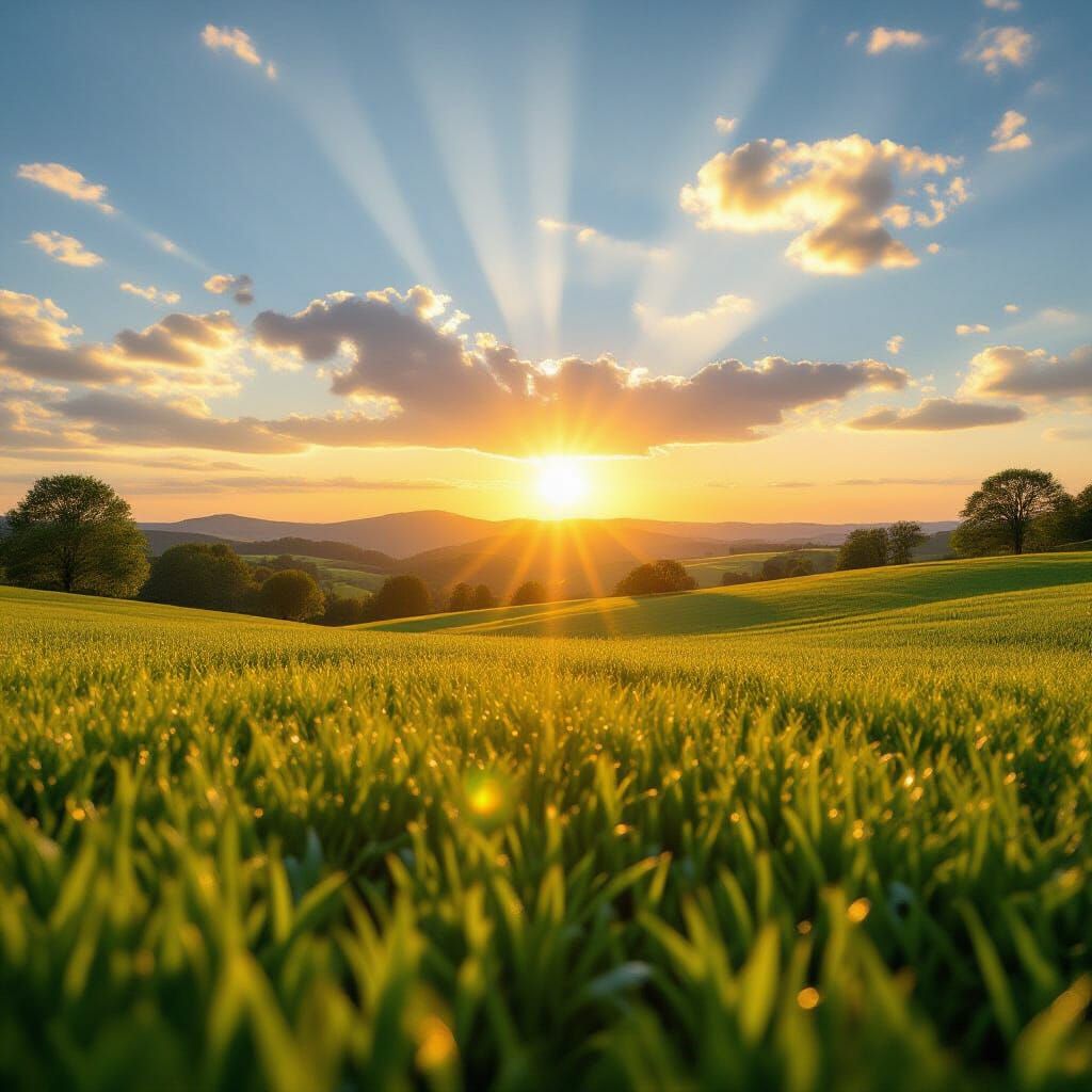 Golden Hour Sunset Over Lush Green Lawns