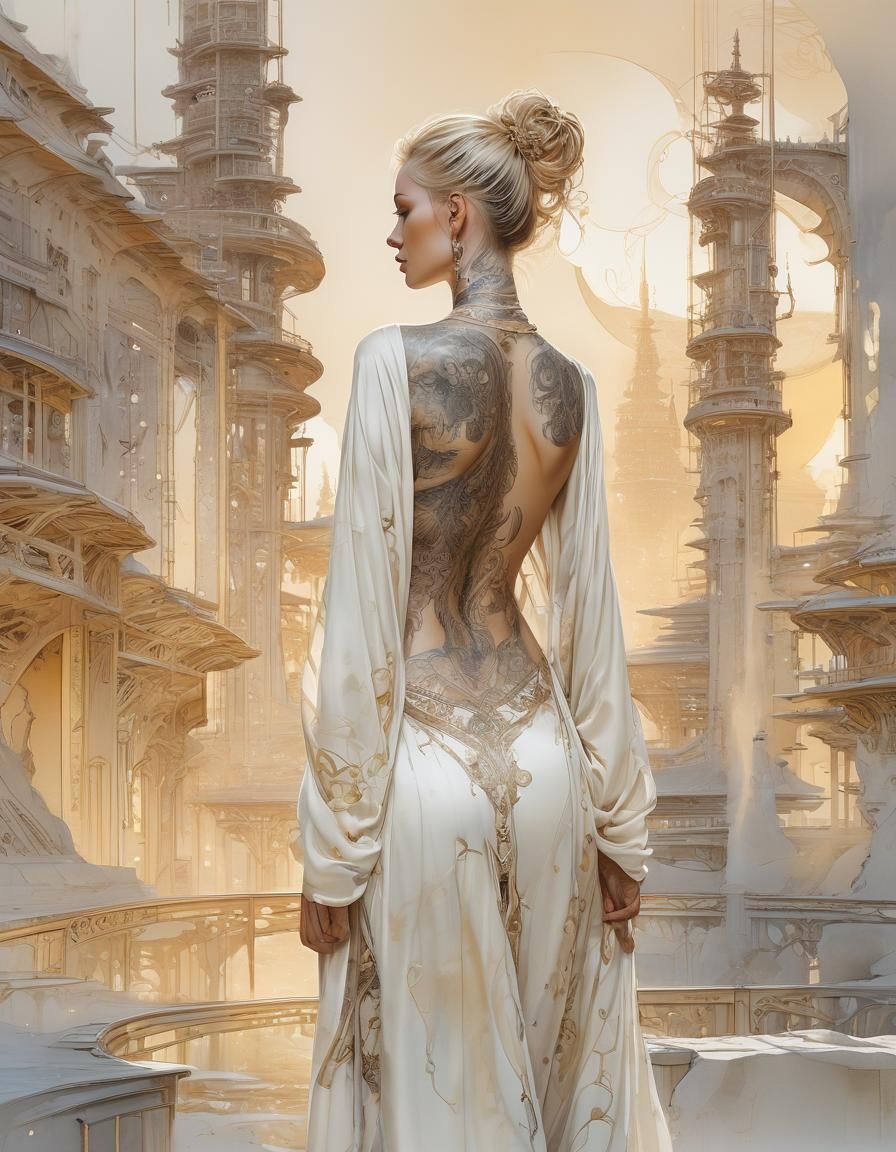 Futuristic Woman Portrait with Tattoos in Wet Ink Style