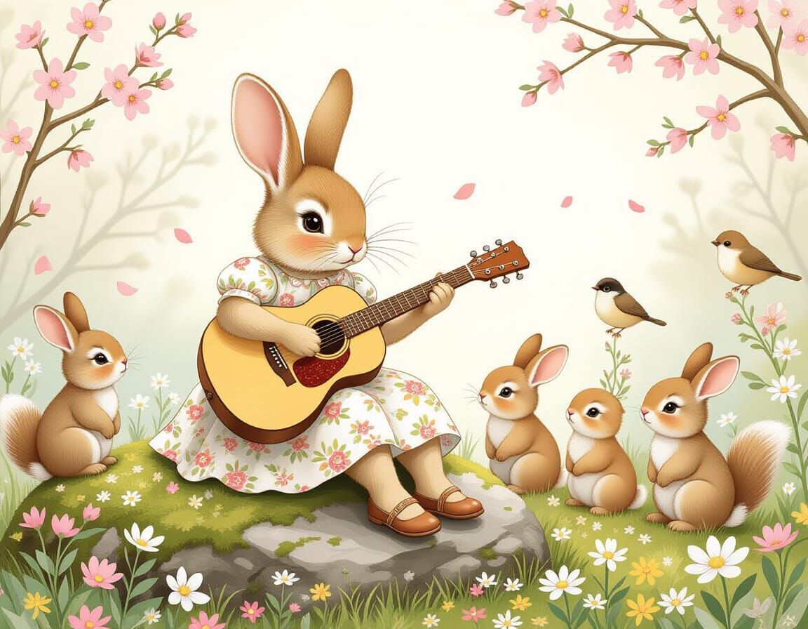 Cute Bunny Plays Guitar for Baby Animals