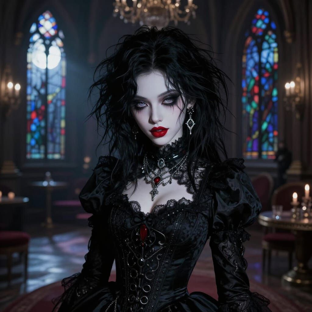 Cute Goth Vampire Idol in Opulent Gothic Ballroom