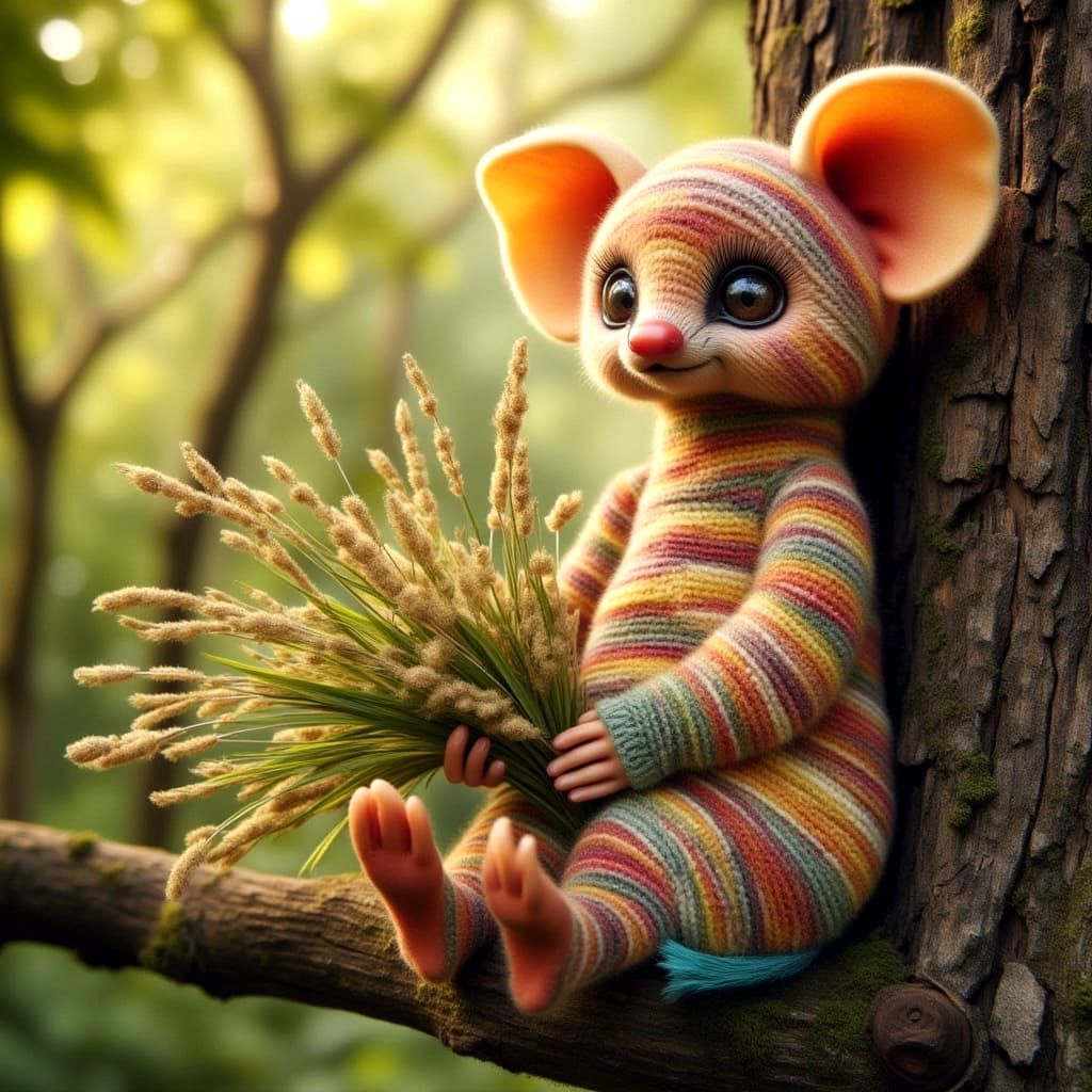 Quilted Bushbaby Doll with Grass Seeds Bouquet