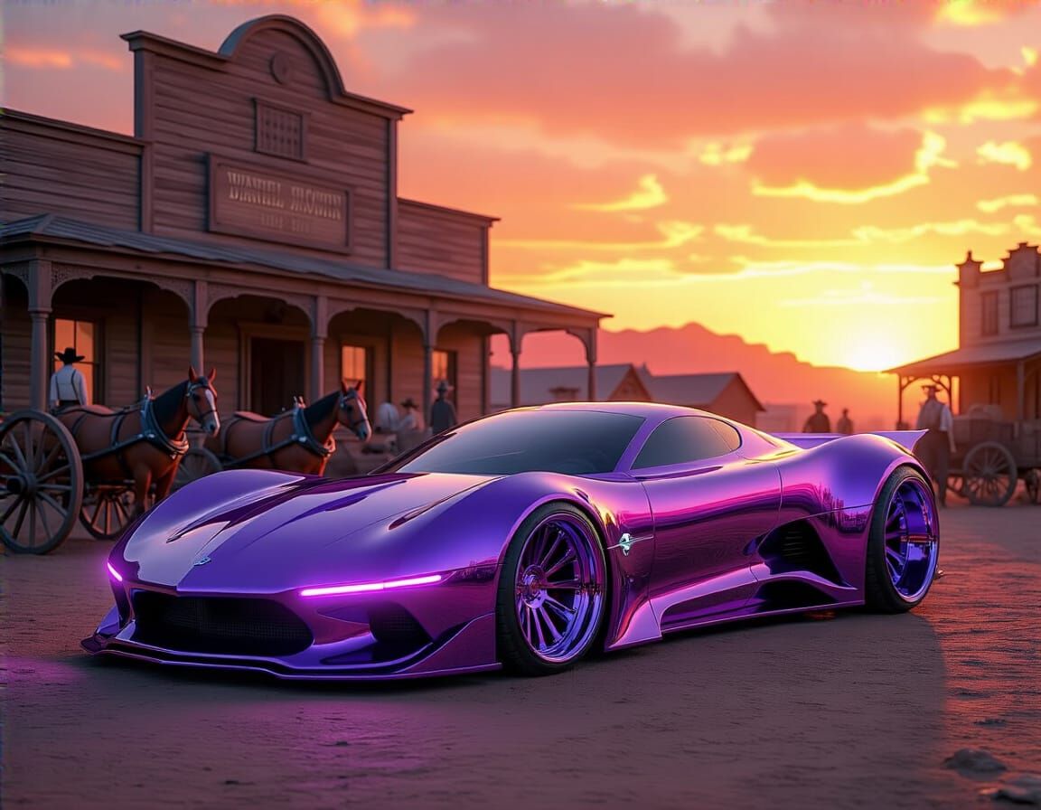 Futuristic Purple Chrome Sports Car in Western Sunset