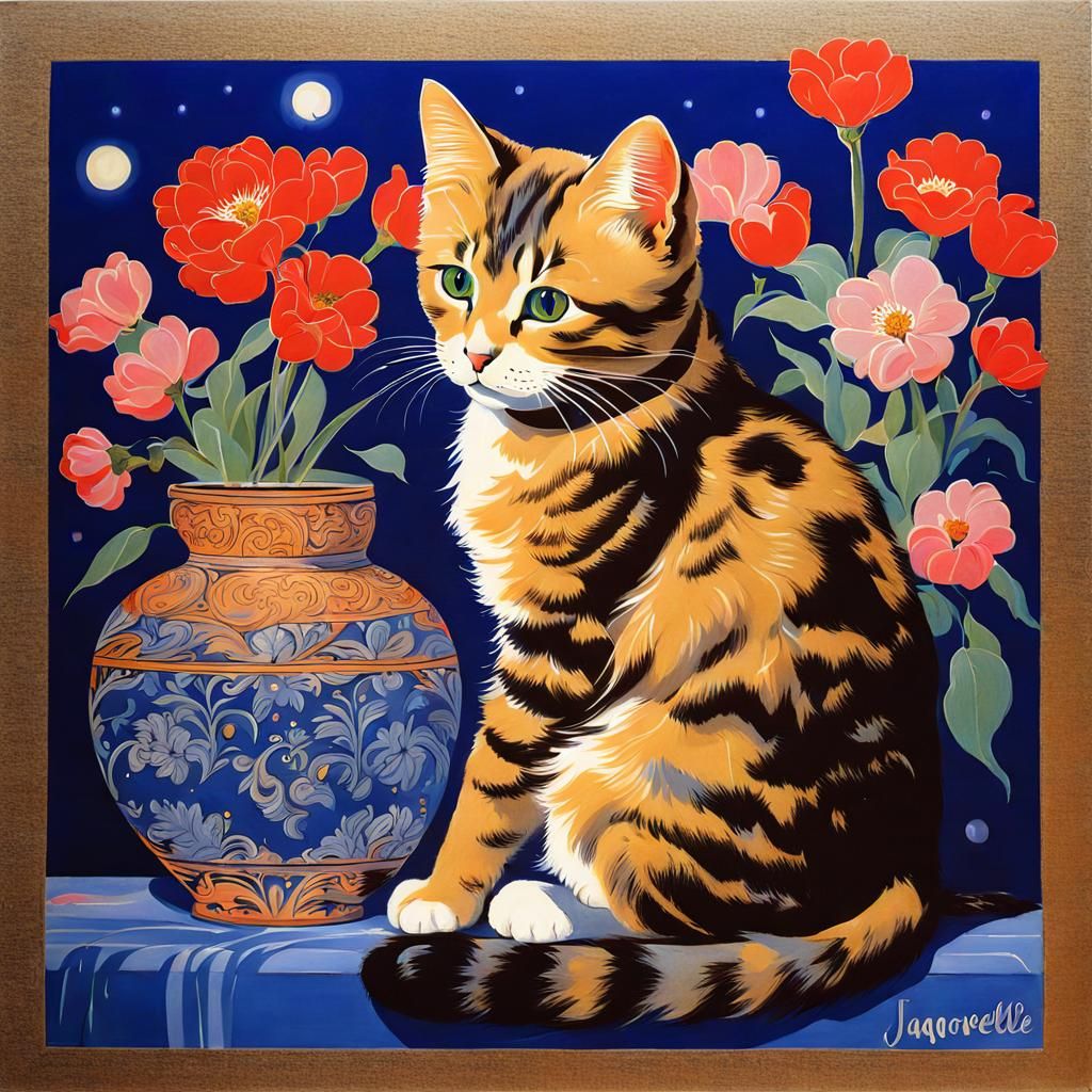 Cute Cat Surrounded by Flowers in Vivid Colors