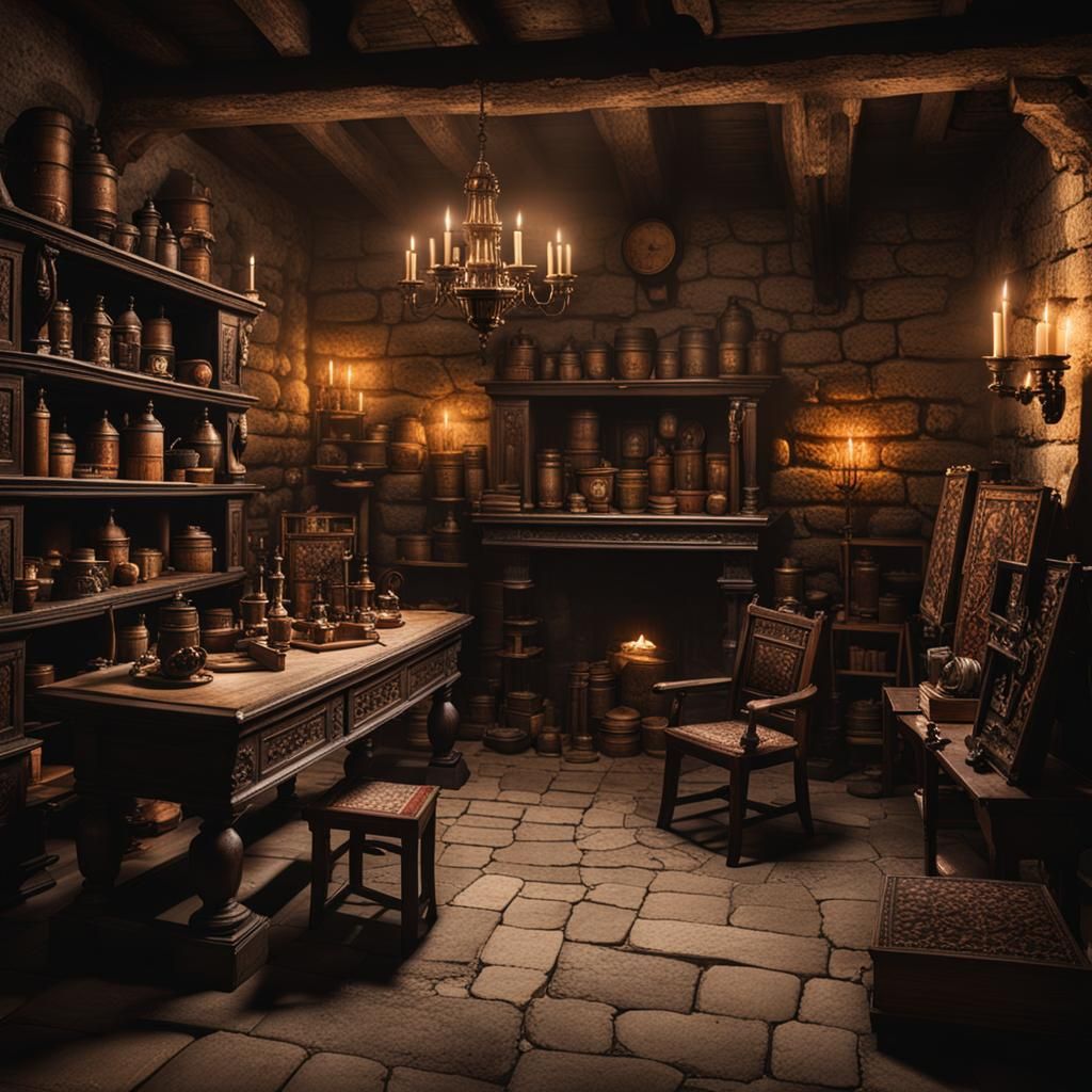 Intriguing scene showcasing the dimly lit chamber of medieval lairs, adorned with antique furnishings, mysterious artifa...