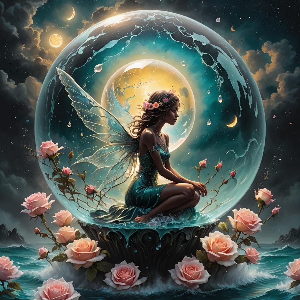 Ethereal Fairy in Crystal Sphere: Digital Art