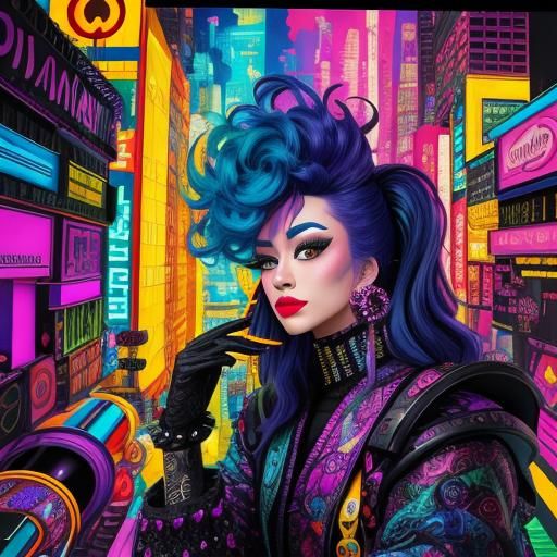 Maximalist Woman in Vibrant, Swirling Cityscape