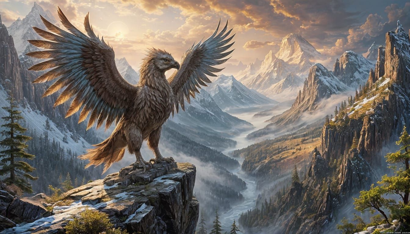 Griffin Overlooking Misty Valley in Romantic Style