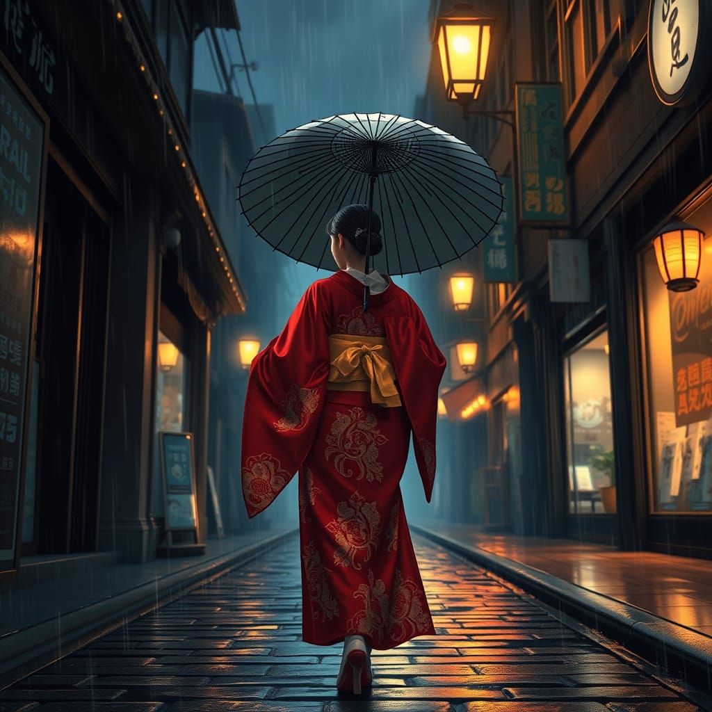 Woman in Kimono on Cobblestone Street, Anime Style