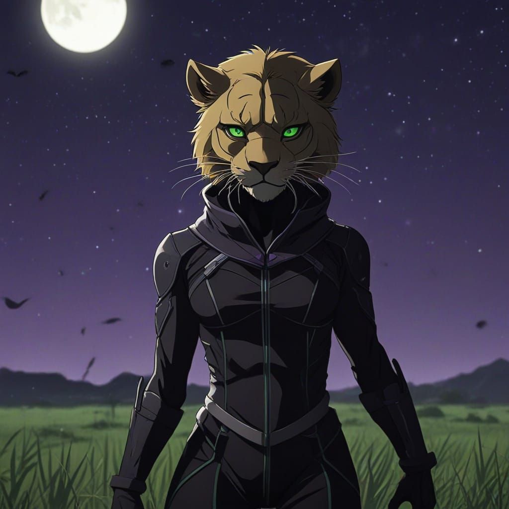 Lioness Ninja Walks in Dark Savannah, Anime Style