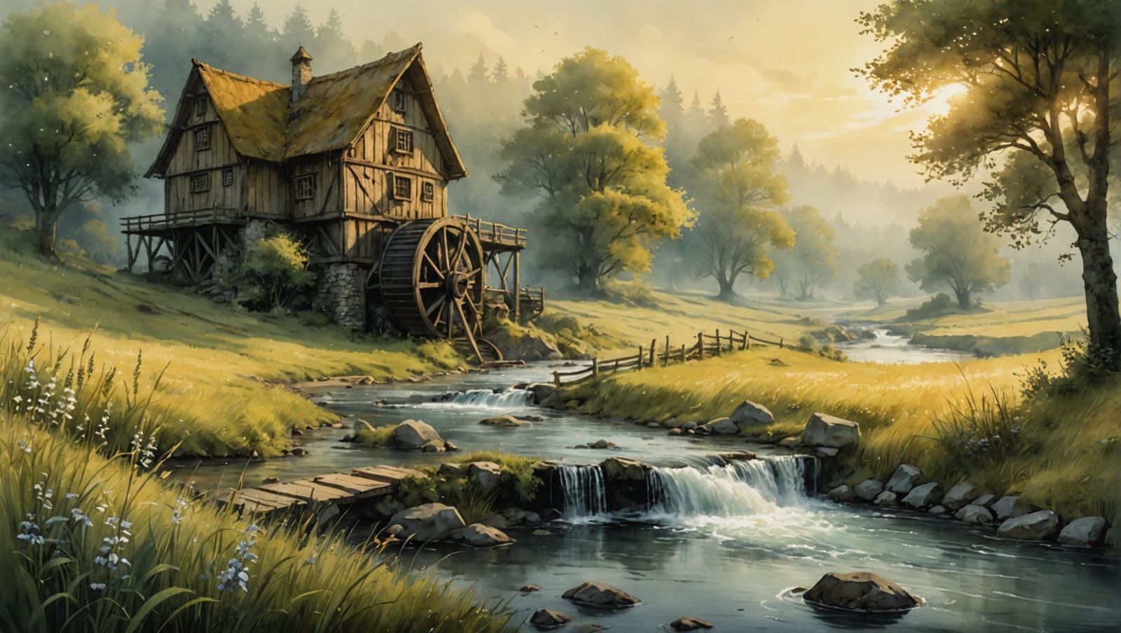 Watermill in Foggy Meadow: Watercolor and Ink Art