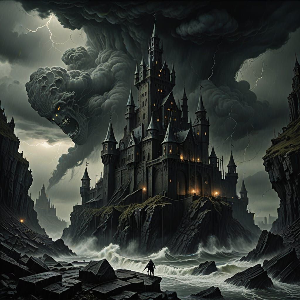 Gothic Supervillain Castle on Stormy Cliff