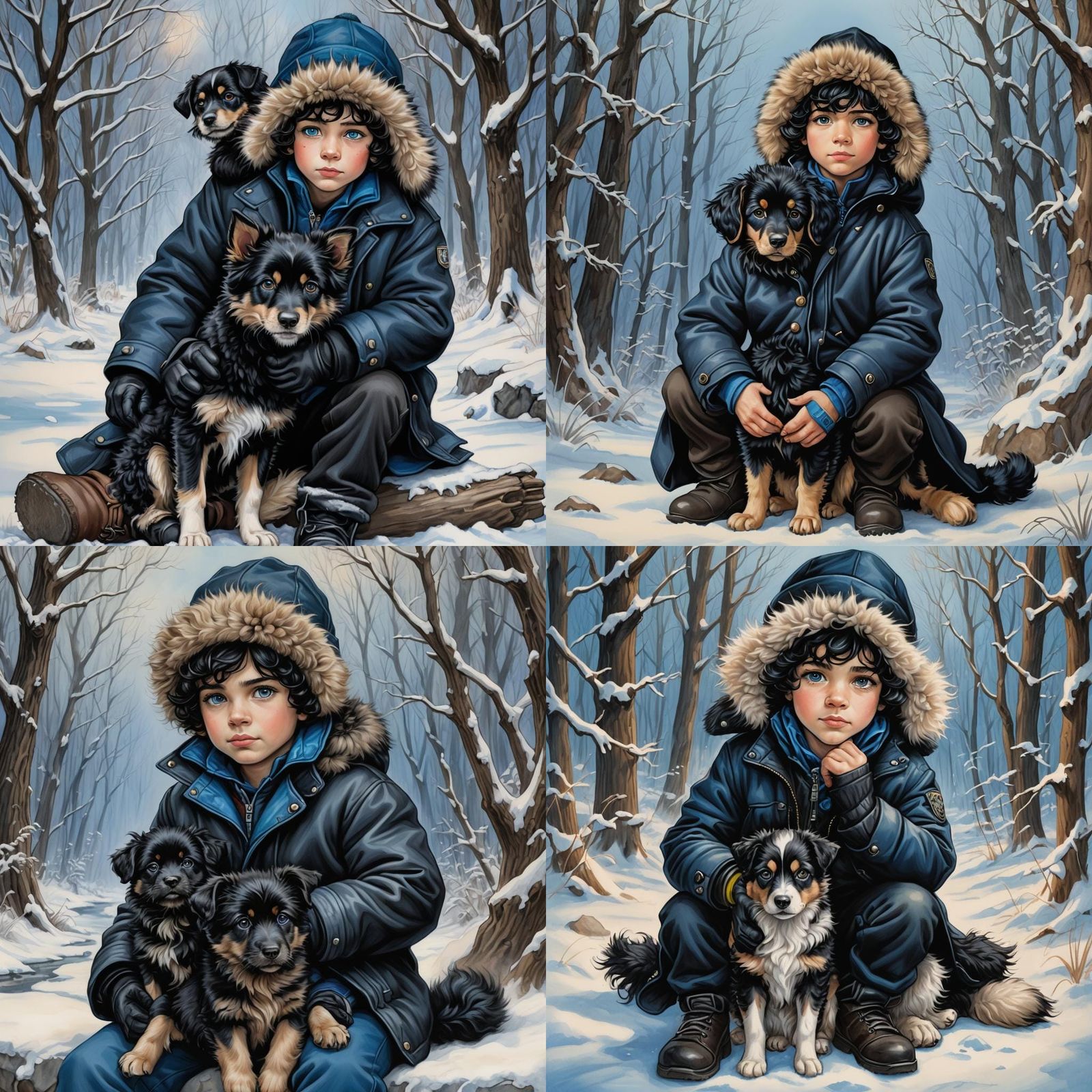 Boy with Dog in Winter as Cartoon Art