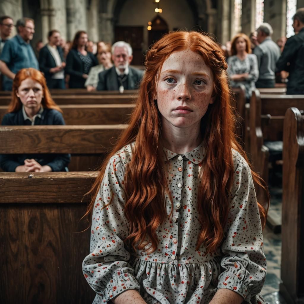 Bored Girl with Red Hair in Church