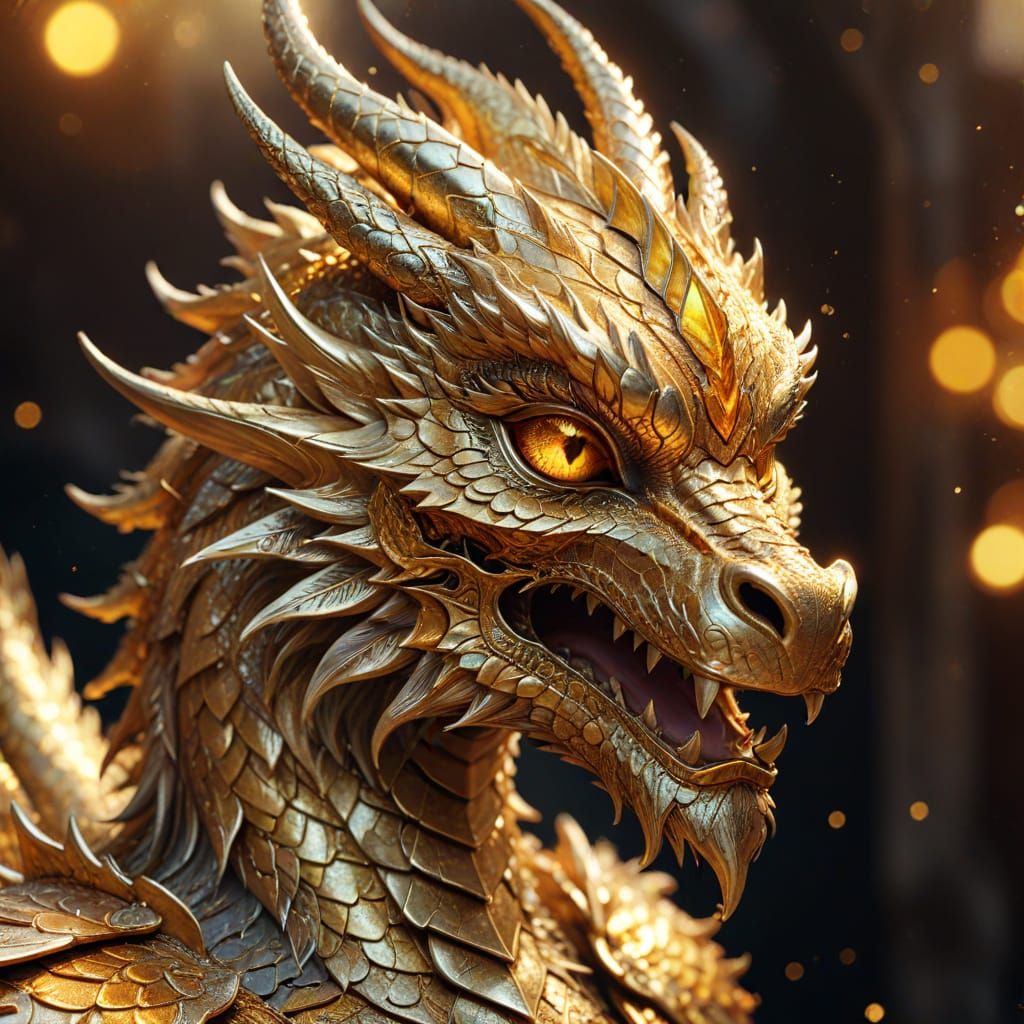 Golden Dragon with Mask in Mythic Fantasy Art