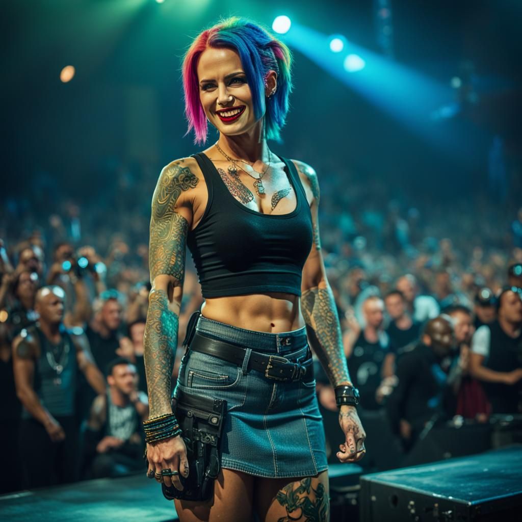 Rockstar Woman with Tattoos in Concert, Cinematic Style