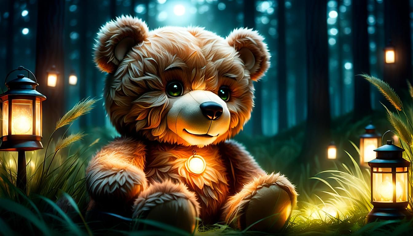 Giant Teddy Bear Awakens in Magical Forest