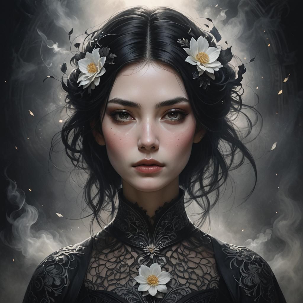 Mysterious Girl with White Flower, Art Nouveau Style