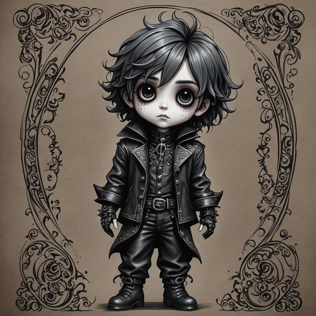 Gothic Baroque Chibi Boy in Leather Outfit