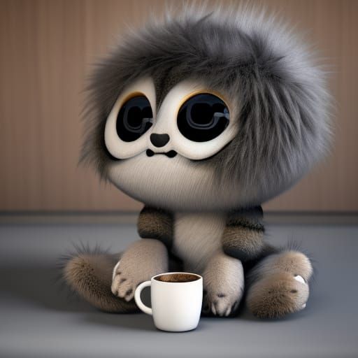Adorable Furry Monster Baby Drinks Coffee: 3D Render