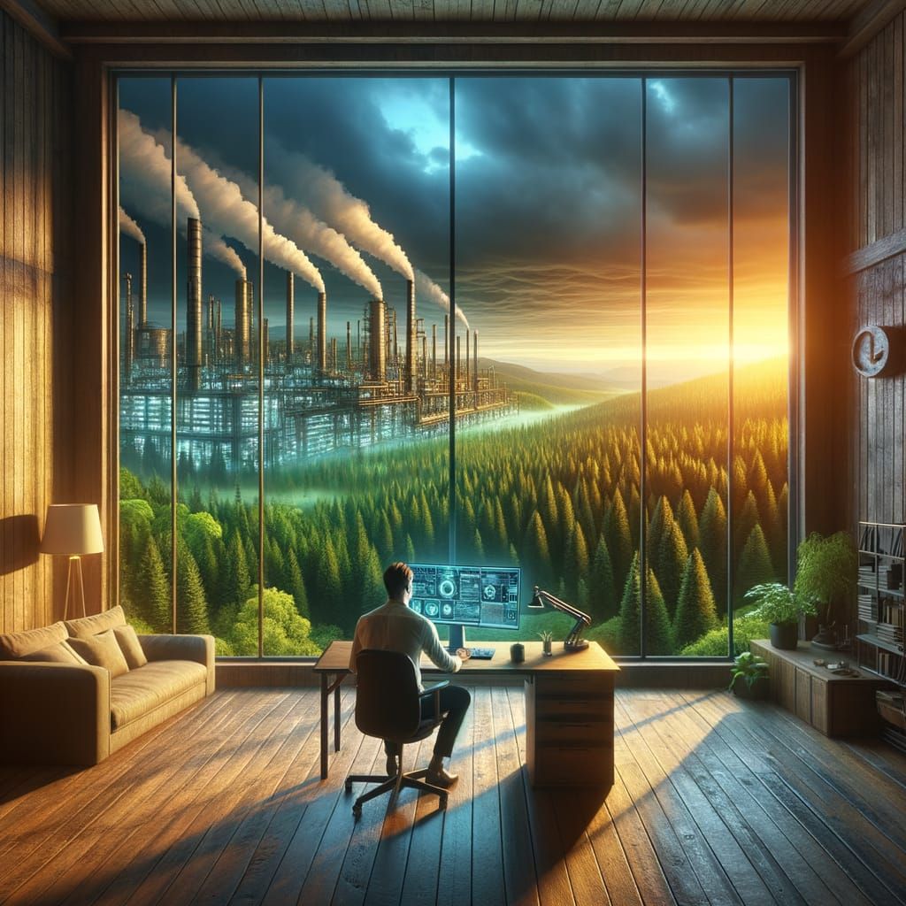 Man Interacts With Advanced AI, Contrasting Nature and Indus...