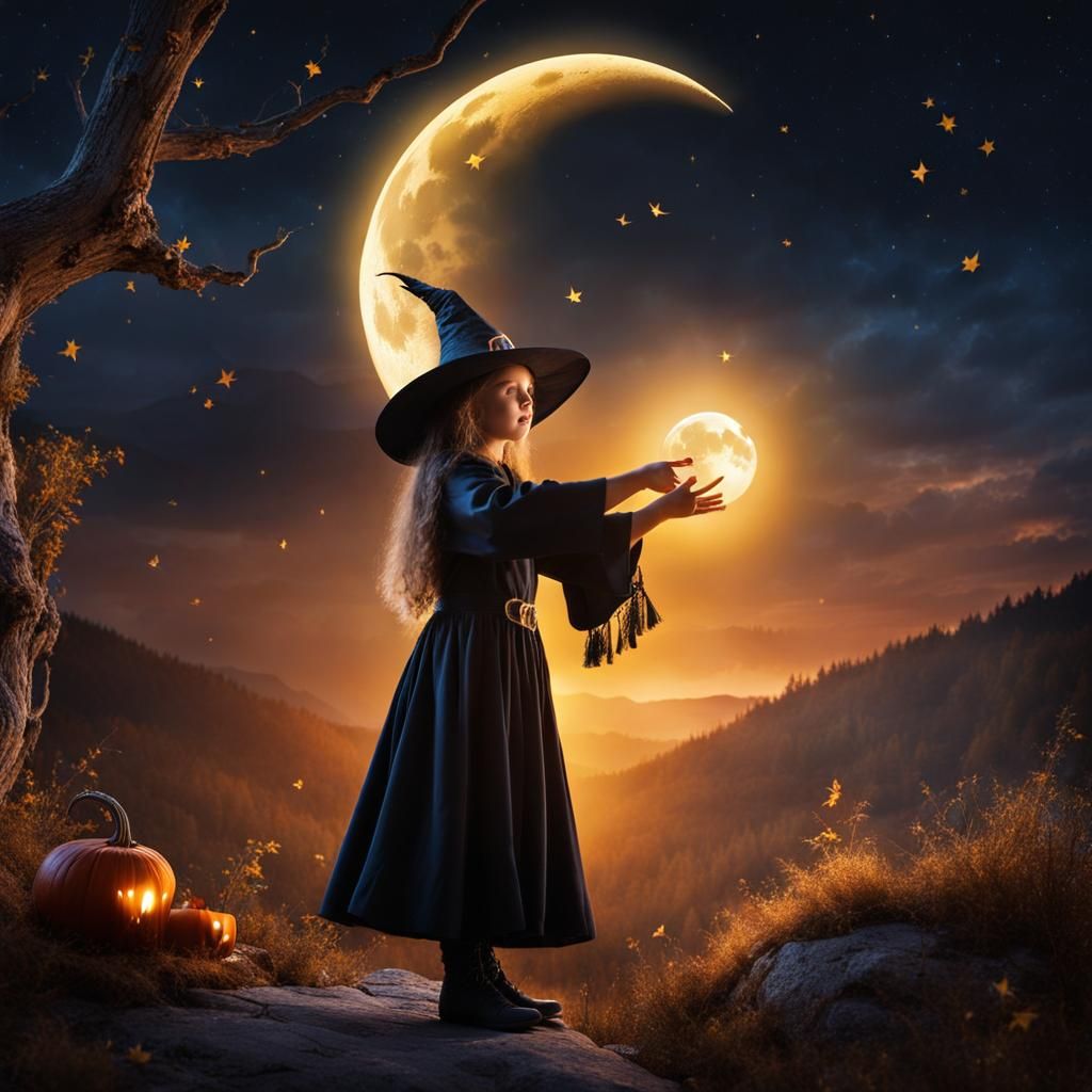 Child Witch Reciting Incantation Under Moon