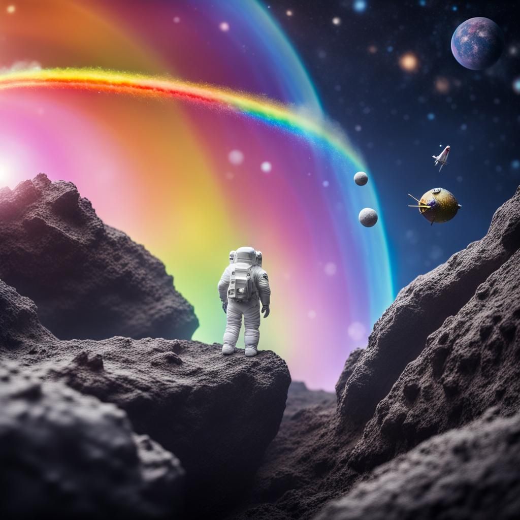 Astronaut on Asteroid with Rainbow and Spaceship