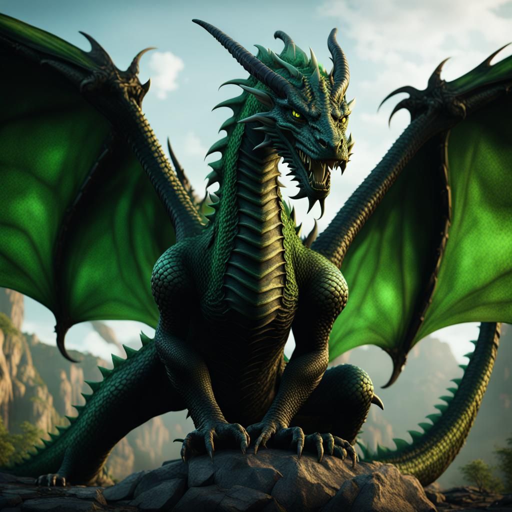Green and Black Dragon Glaring: Fantasy Concept Art