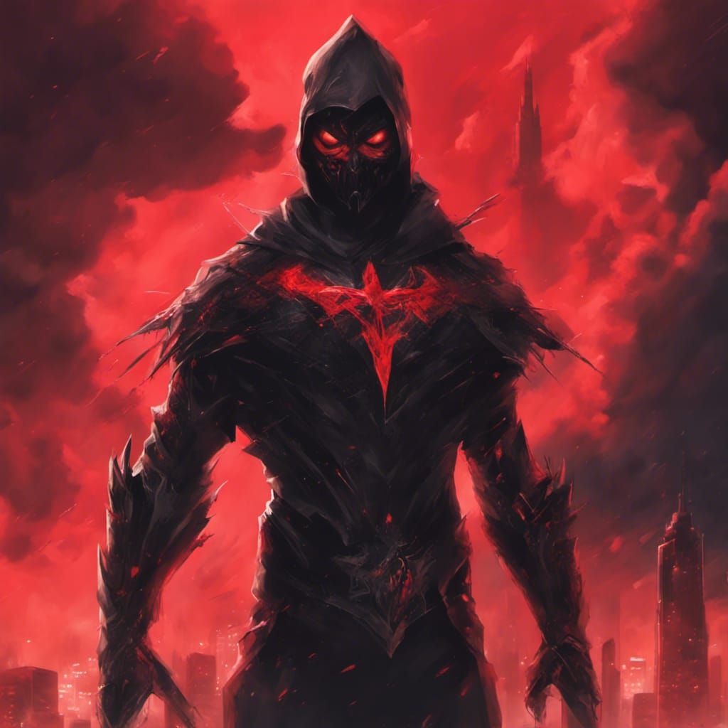 Sinister Hero in Red and Black Cityscape