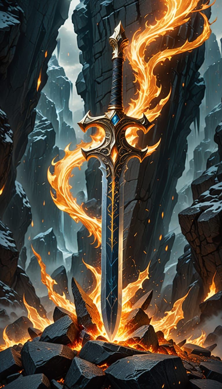 Majestic Elemental Sword Emerges from Granite in a Fiery Dis...