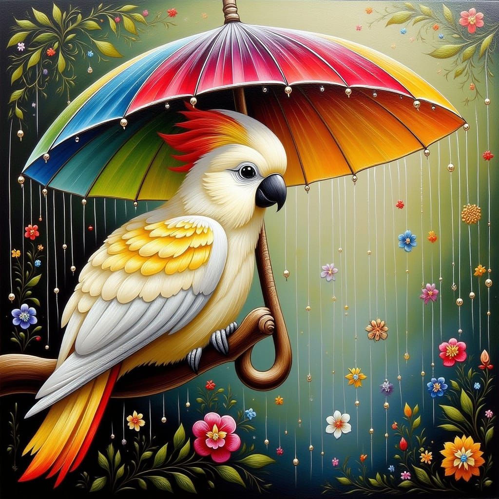 Whimsical Cockatoo Finds Shelter Under a Vibrant Umbrella