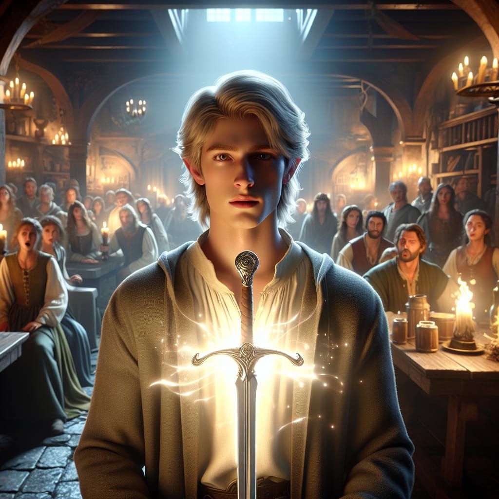 Ethereal Elf in Tavern with Enchanted Sword