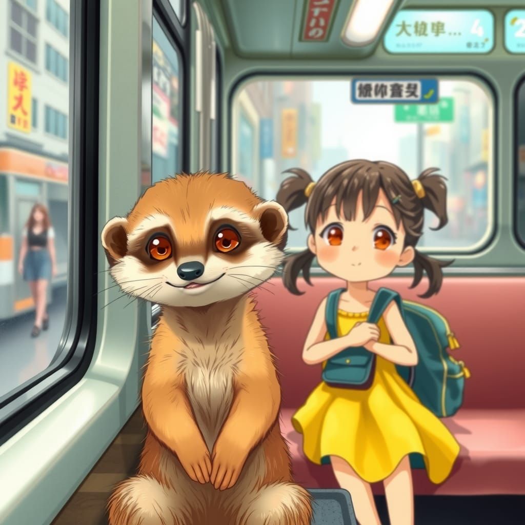 Meerkat and Girl on Bus in Whimsical Style