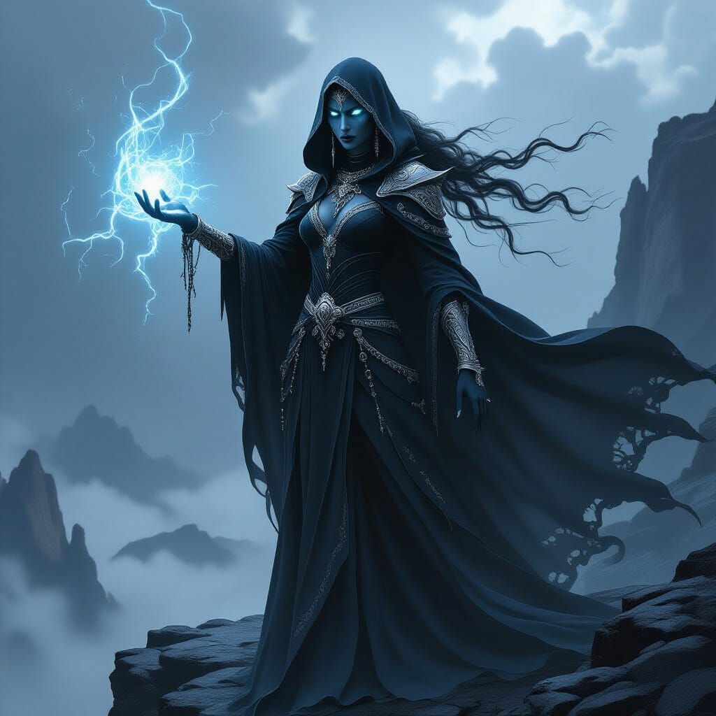 Dark Elf Sorceress on Obsidian Cliff in Fantasy Style