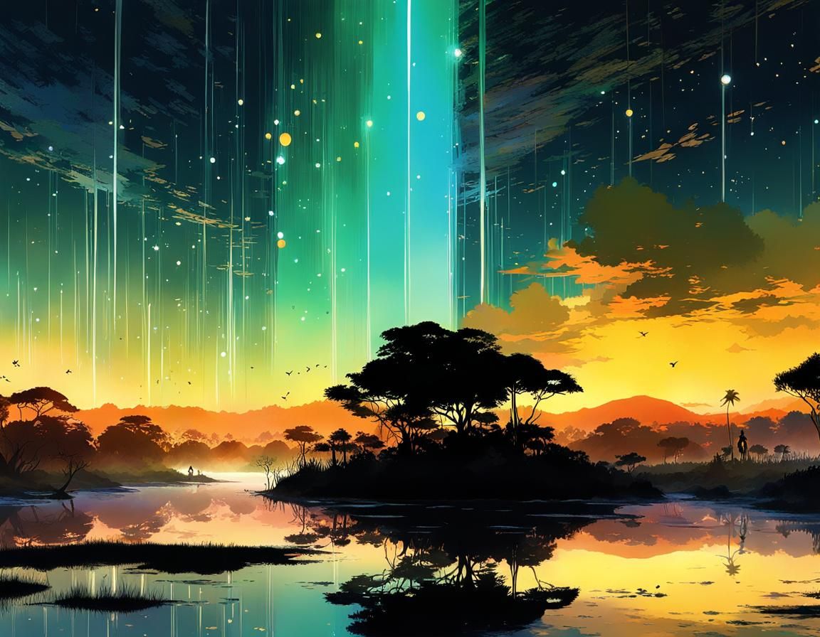 Nebula Glow on African Wetlands, Anime Style