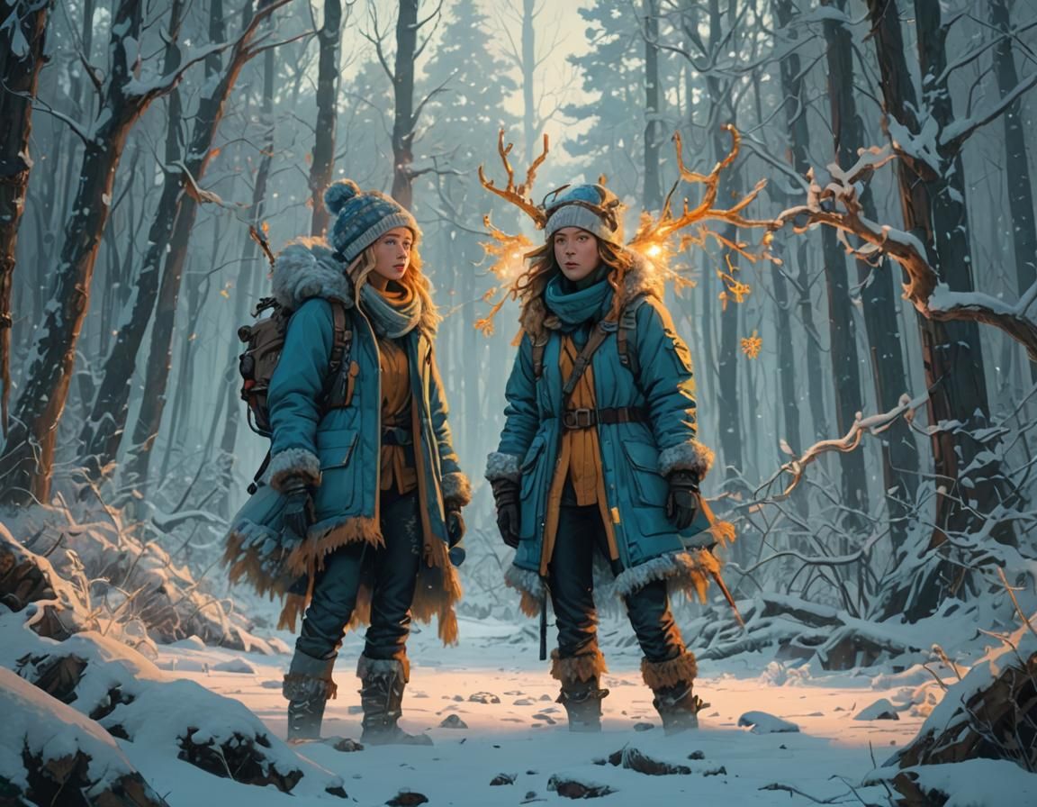 Girls in Winter Outfits in Detailed Matte Painting Style